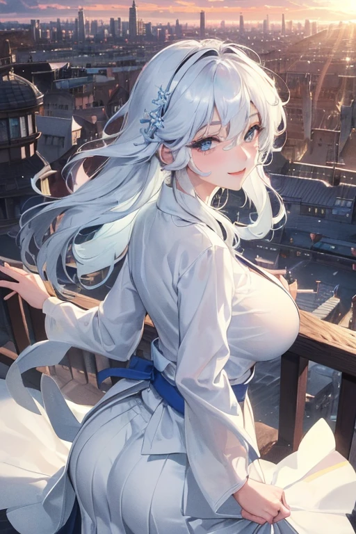 japan, highres, highest quallity, illustration,  ultra detailed, (detailed face), (detailed eyes), soft lighting, best quality, hazy glow, dreamy atmosphere, hyper detailed, masterpiece, 1girl, solo, silver hair, green eyes, knitwear, luminous eyes, medium breasts, (colorful), cowboy shot, from below, outdoors, morning, clouds, tall buildings in background, industrial, public transportation, urban, concrete buildings, concrete, sidewalk, busy, trees, autumn, falling leaves, big tits, naked, no cloths.