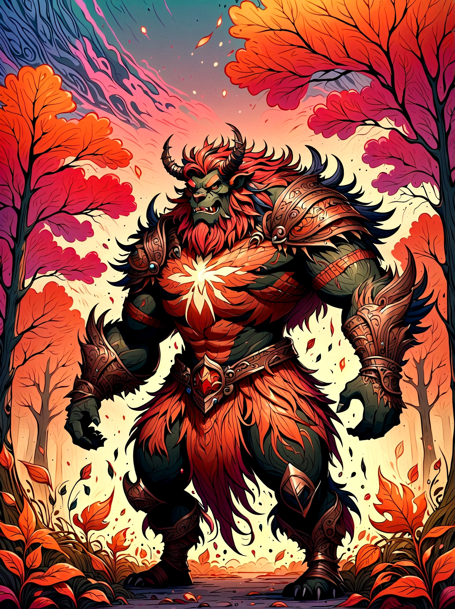 An image of a menacing final boss character for a fantasy video game, representing the month of September. It's a large beast with a body made up of elements relating to Fall season, like a skin texture resembling decaying leaves, a crown made of swirling winds and a scepter mimicking a late harvest crop in his hand. The color palette dominantly includes varying shades of orange, red and brown reflecting the colors of September. The background includes a forest at twilight, hinting to the shortening days as summer gives way to Fall.