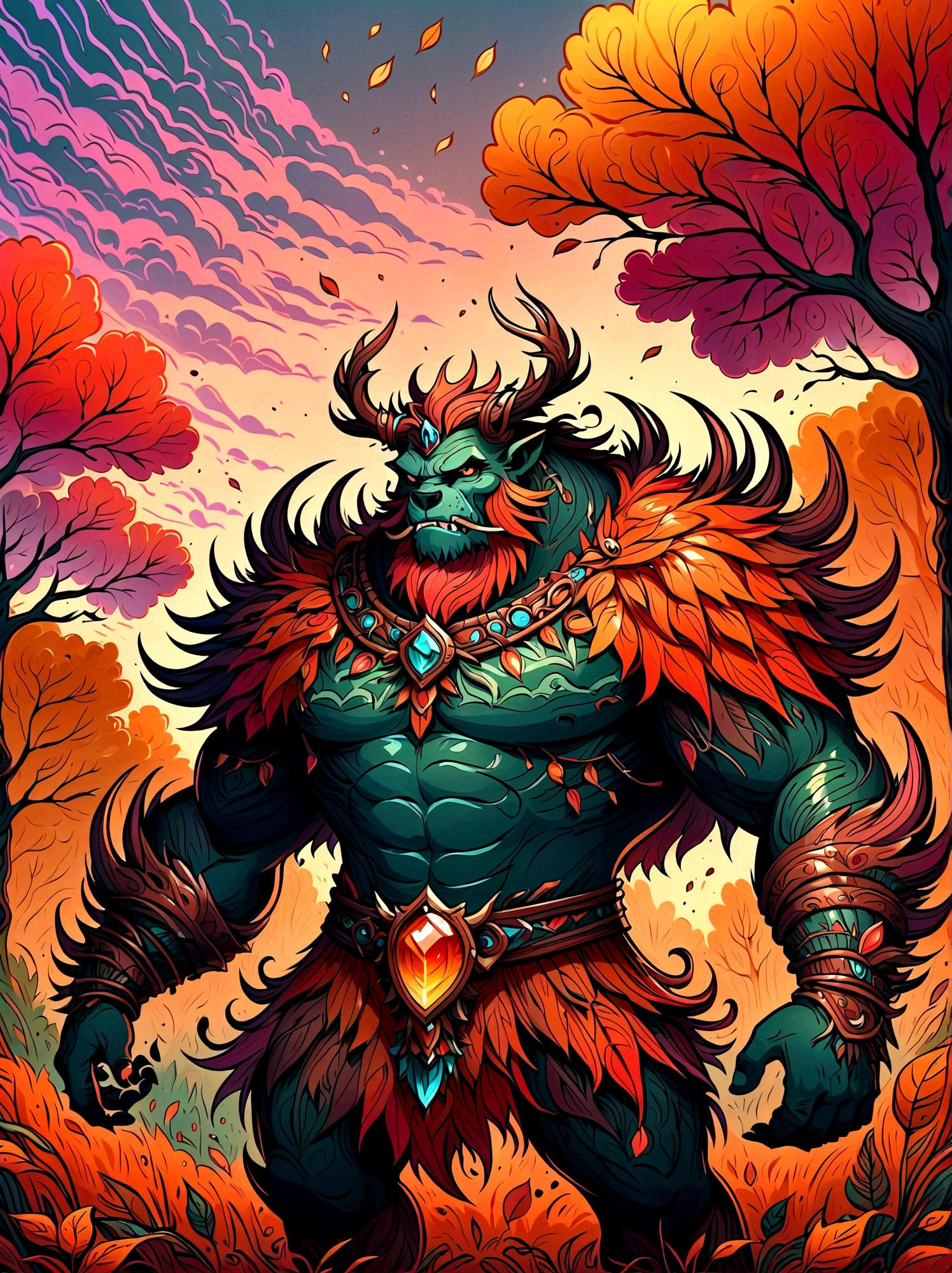An image of a menacing final boss character for a fantasy video game, representing the month of September. It's a large beast with a body made up of elements relating to Fall season, like a skin texture resembling decaying leaves, a crown made of swirling winds and a scepter mimicking a late harvest crop in his hand. The color palette dominantly includes varying shades of orange, red and brown reflecting the colors of September. The background includes a forest at twilight, hinting to the shortening days as summer gives way to Fall.