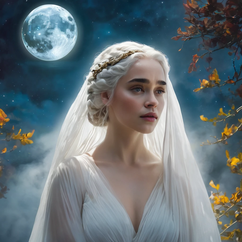 arafed woman in a white dress with a veil, moon goddess, goddess of the moon, portrait of a norse moon goddess, a woman holding an orb, lunar goddess, persephone as goddess of death, emilia clarke as a greek goddess, a stunning young ethereal figure, a stunning portrait of a goddess provocative pose, right views, multicolor hair, fog wrapped around, epicRealism, UHD, 8k, super detailed,