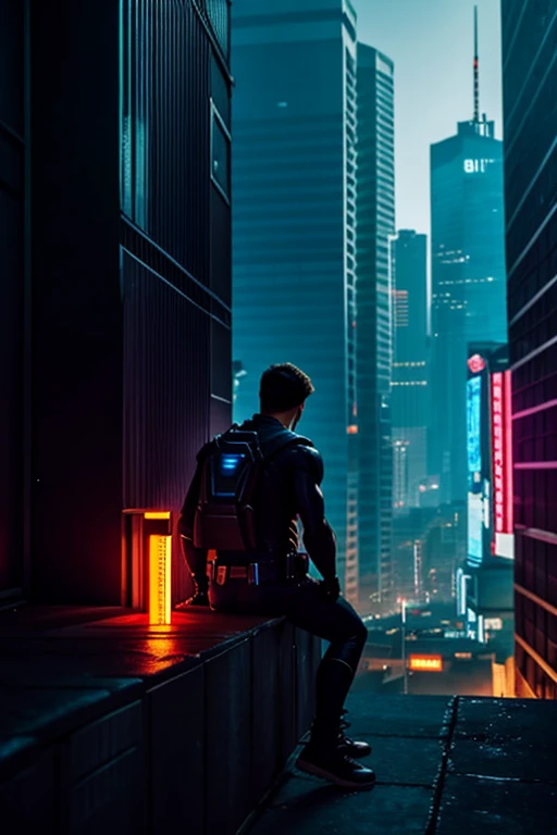 age superhero hiding in the shadows overlooking a cyberpunk city 