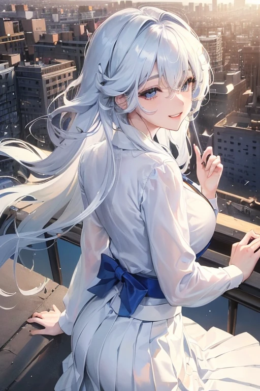 Official Art, masterpiece, Clear focus, (Beautiful, gorgeous and lovely Korean women:1.3), (Beautiful and cute Korean:1.3), Korean beauty, Exquisite and beautiful hair、Eyes and face, Practical, Super detailed, beautiful girl, Blue sky, 夜光White颗粒, (Side Light:1.2), Sunlight, White Cloud, Detailed Cloud, thin and long, Cute big boobs and big ass, grin, ((Smile with your eyes, Open your eyes)), landscape, long, Straight Hair, sexy facial expression, architecture, (city View:1.7), Dynamic Hair, long, Straight Hair, delicate white hair, glowing blue eyes, (blue pleated shirt + White Skirt), White, Pale skin, Hair accessories, epic landscape,Nice ass，Beautiful buttocks ，White高跟鞋，The skirt was lifted
