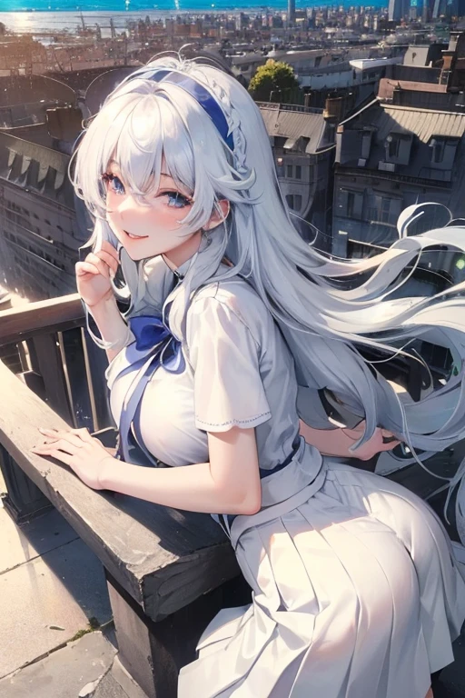 Official Art, masterpiece, Clear focus, (Beautiful, gorgeous and lovely Korean women:1.3), (Beautiful and cute Korean:1.3), Korean beauty, Exquisite and beautiful hair、Eyes and face, Practical, Super detailed, beautiful girl, Blue sky, 夜光White颗粒, (Side Light:1.2), Sunlight, White Cloud, Detailed Cloud, thin and long, Cute big boobs and big ass, grin, ((Smile with your eyes, Open your eyes)), landscape, long, Straight Hair, sexy facial expression, architecture, (city View:1.7), Dynamic Hair, long, Straight Hair, delicate white hair, glowing blue eyes, (blue pleated shirt + White Skirt), White, Pale skin, Hair accessories, epic landscape,Nice ass,Beautiful buttocks ,White高跟鞋,The skirt was lifted