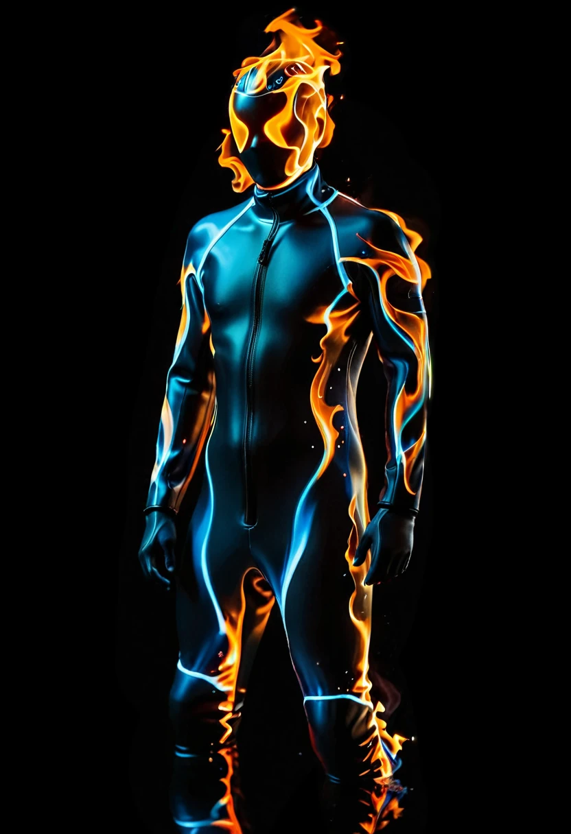 neoprene suit on fire, flames engulfing the man, man glowing like ember, fire glowing hair, fire hair