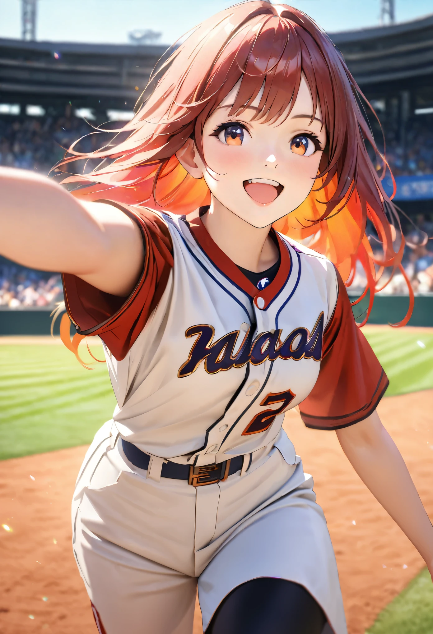 baseball Ground, Sunny sky with fluffy white clouds, Baseball Uniforms, Blur the background,High school girls,Shortcuts,smile,Glitter effect,highest quality, 4K, 8k, High resolution, masterpiece:1.2, Very detailed, Realistic:1.37, High resolution, 超High resolution, Ultra-fine painting, Sharp focus, Physically Based Rendering, Very detailedな説明, Professional, Vibrant colors