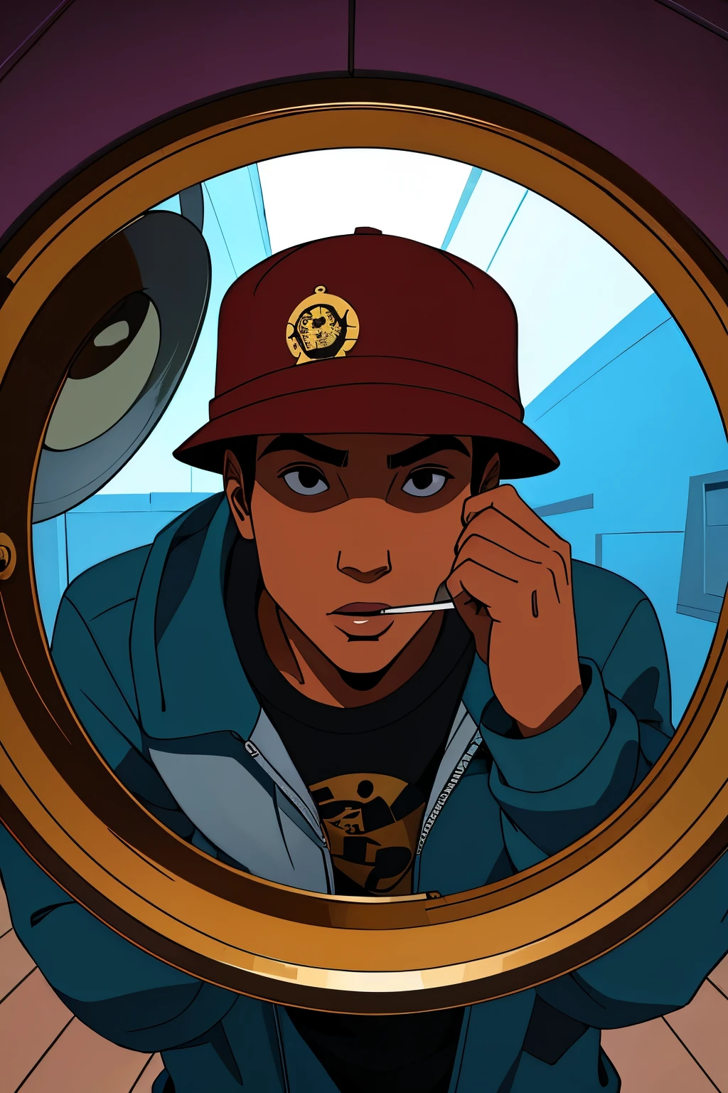 teenager boy looking through peephole , wearing a bucket hat and smoking blunt , fish eye lens, the man is looking into the camera , black hat and black bandana