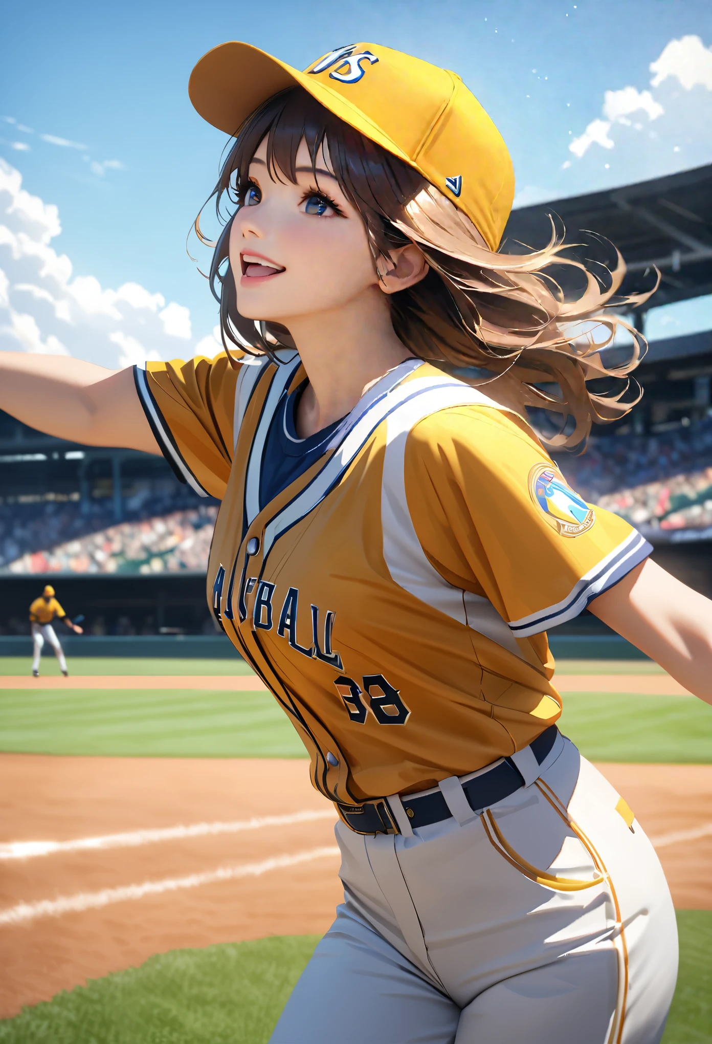 doyagao, Eyebrows raised and a triumphant expression,Baseball watching girl, cheering with all her might, Maximum facial details, Maximum detailed textures, Maximum detailed shadows, Maximum detailed backgrounds, ,cowboy shot, ,himekawa yuki