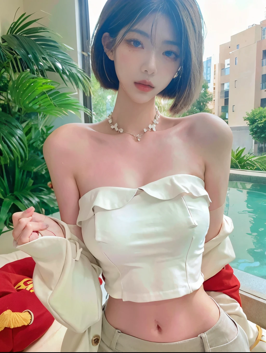 Beautiful woman with perfect body:1.4,layered hairstyle,prominent cleavage,bikini:1.5,ultra short pleated skirt,whole body,Highly detailed facial and skin textures,double eyelids,whiten skin,long white hair