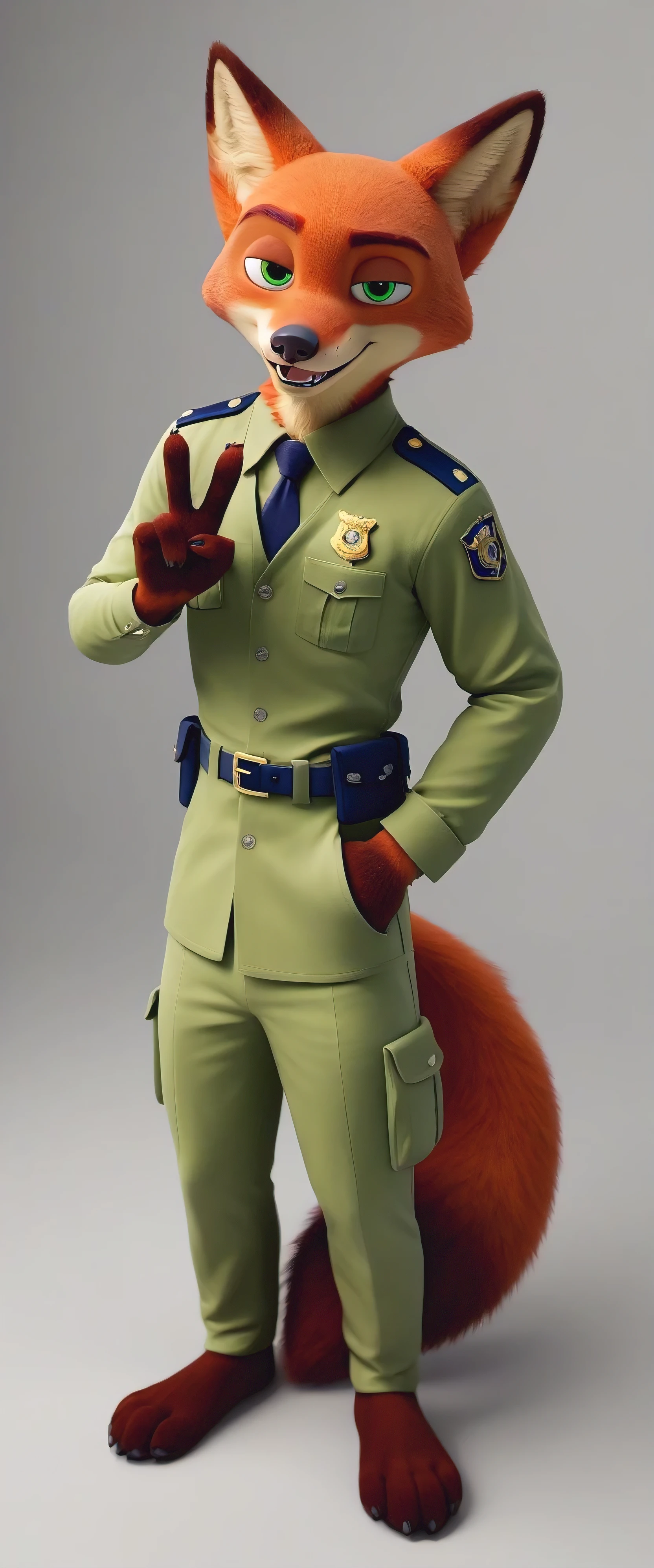 score_9, score_8_up, score_7_up, rating_safe,source_furry,anthro,source_3D, nick wilde male muscular fox (fursuit version) looking at the viewer a gesture of peace and love (standard film uniform) (ultra realistic almost looking like a human being) (green eyes)