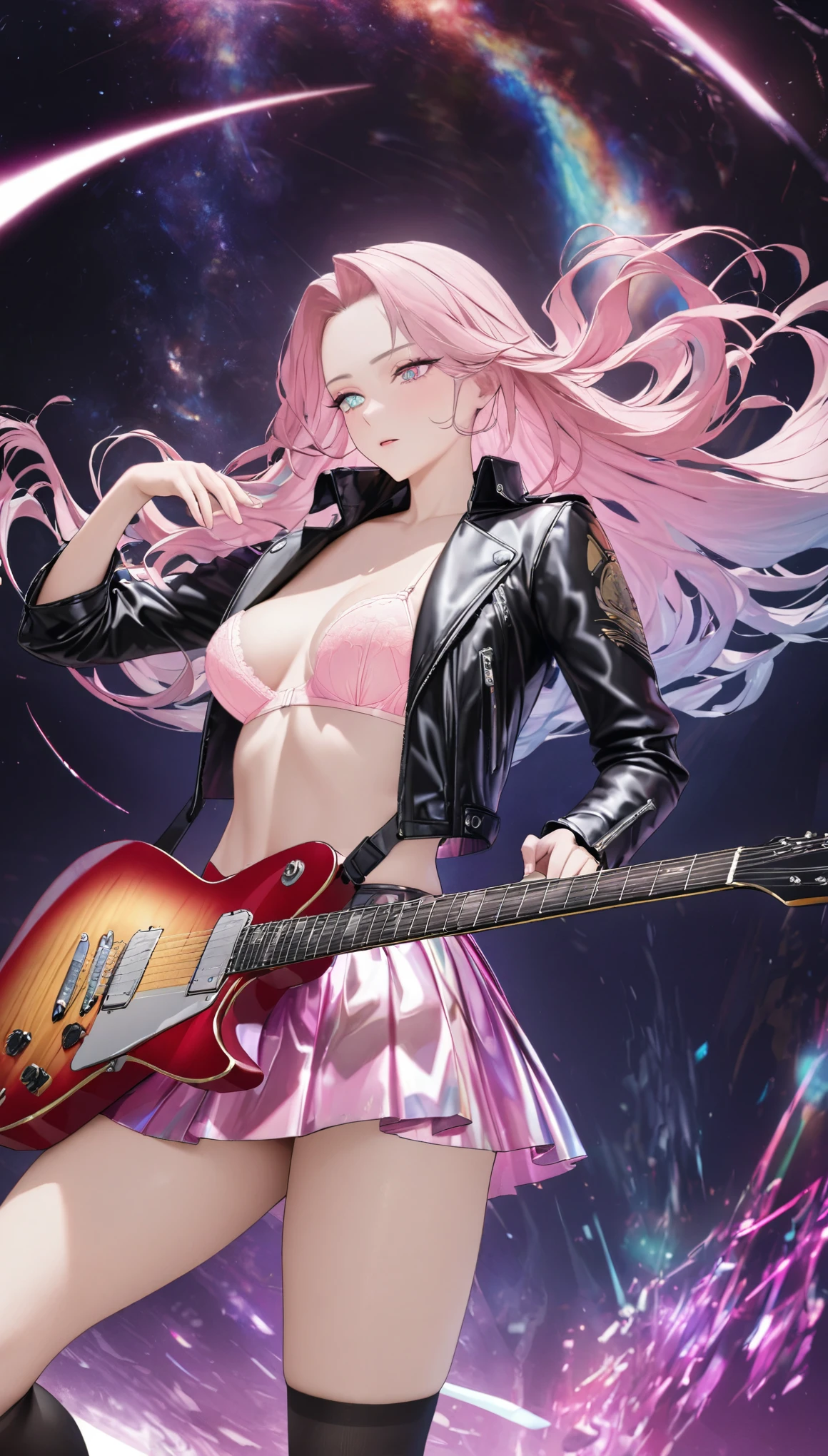 best quality, super fine, 16k, incredibly absurdres, extremely detailed, 2.5D, delicate and dynamic, beautiful woman playing electric guitar, cool guitar with star-shaped gold plated body, wearing leather rider jacket, pink lace bra, pink ruffle skirt, black knee-high socks, iridescent eyes, iridescent hair, forehead, captivating look, aroused expression, superlative body proportion, tattoos, accessories, beautiful and cool pose, galaxy effects and backgrounds