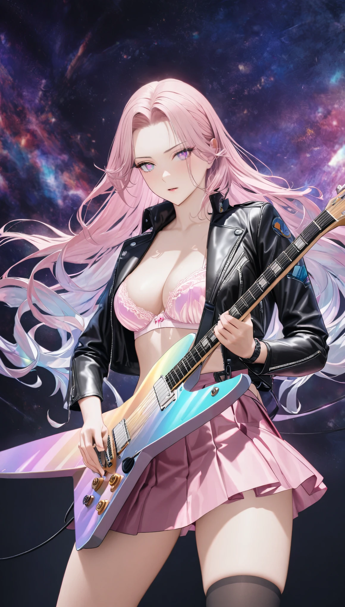 best quality, super fine, 16k, incredibly absurdres, extremely detailed, 2.5D, delicate and dynamic, beautiful woman playing electric guitar, cool guitar with star-shaped gold plated body, wearing leather rider jacket, pink lace bra, pink ruffle skirt, black knee-high socks, iridescent eyes, iridescent hair, forehead, captivating look, aroused expression, superlative body proportion, tattoos, accessories, beautiful and cool pose, galaxy effects and backgrounds