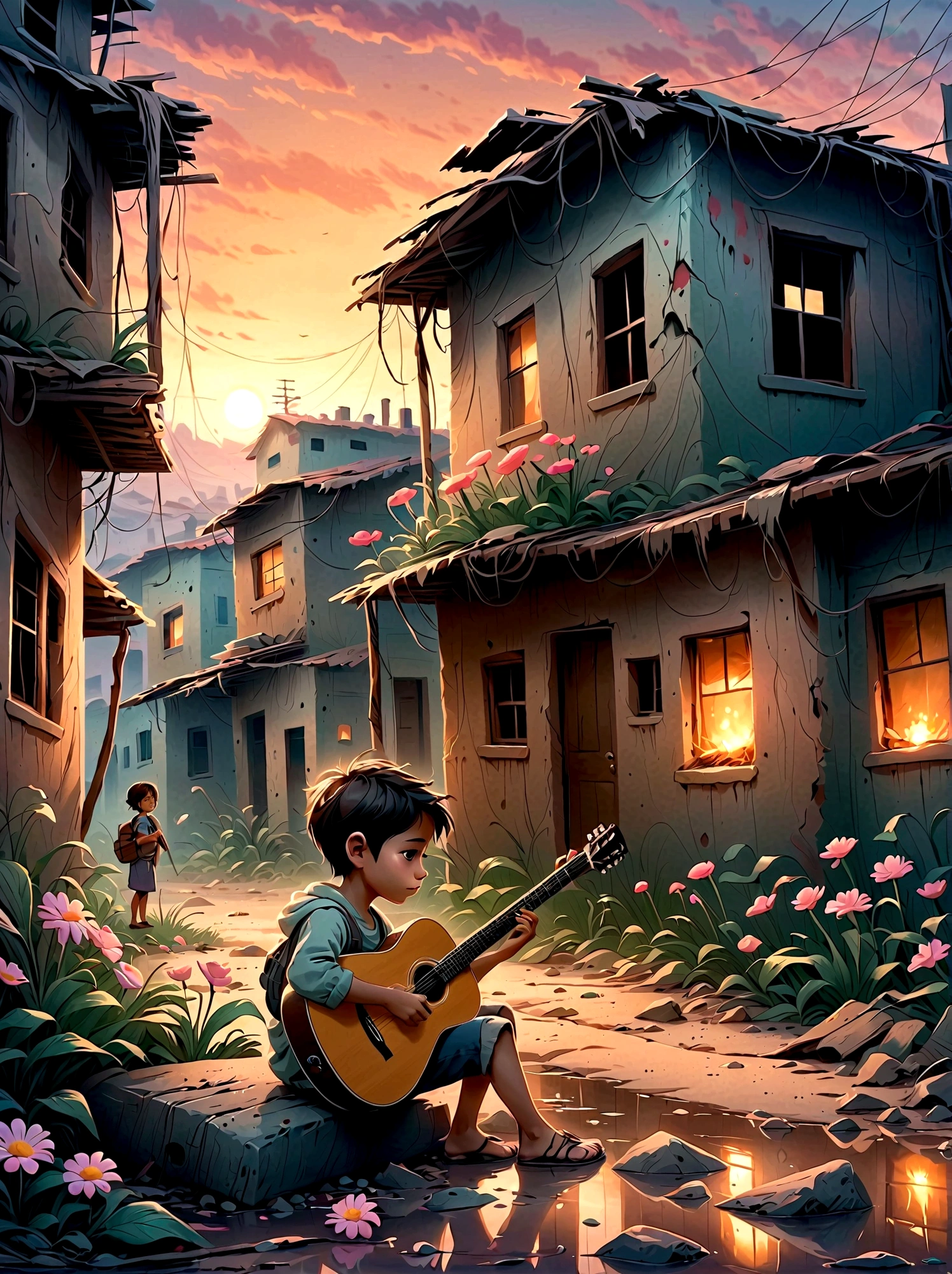 In the midst of a war-torn, smoky ruin, a child is playing a guitar, (A tenacious little flower grows at the child&#39;s feet), The scene captures the stark contrast between the devastation of the surroundings and the innocence of the child. The ruins are filled with debris and remnants of buildings, with smoke and fire in the background. The child's expression is somber, reflecting the harsh reality of the situation. The overall mood is poignant and emotional, with muted colors and dramatic lighting to emphasize the desolation and the glimmer of hope represented by the music.