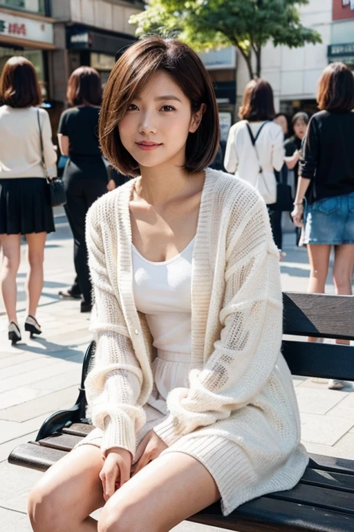 (RAW Photos:1.2), (Realistic:1.4),Beautiful detailed woman,Very fine grain and surface, fine grain, Very detailed,High resolution, Very detailed,highest quality,Unified,8k wallpaper,masterpiece,highest quality,1 female,alone,rich,Whole Body Ezbian,A little thick,alone,（White cardigan、 black knit long Dress,skirt,Handbags,heels）,(Sit on a bench),bob cut ,A kind smile,Realistic,In the middle of a crowded town