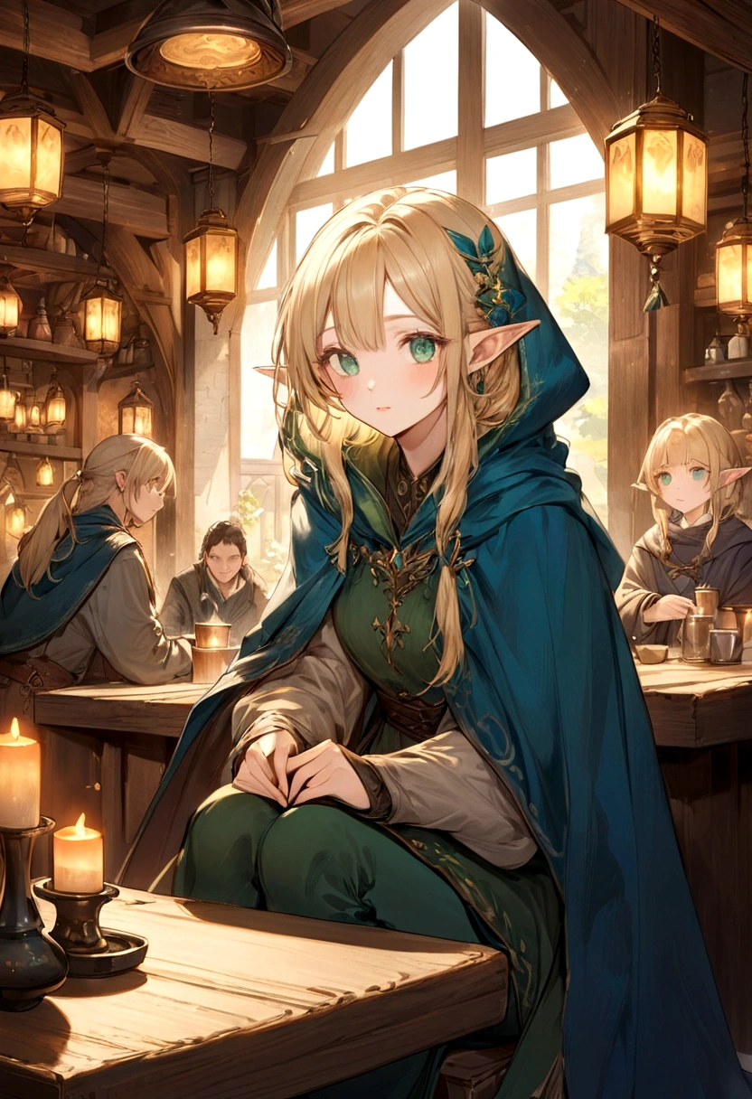 Create a digital illustration of a beautiful elf sitting in a medieval tavern。Elves are blonde、Has emerald eyes、Wearing a blue cloak。There are other customers in the background.、Draw a cozy and warm scene。Lighting should be soft and golden, such as from lanterns or candles.。The art style is detailed and resembles fantasy art.、Delicate and fine line drawing、Draw faces, hands, and toes with precision.。There is a sense of transparency overall.、Make it a fantastic atmosphere。Focus on a magical and inviting environment。