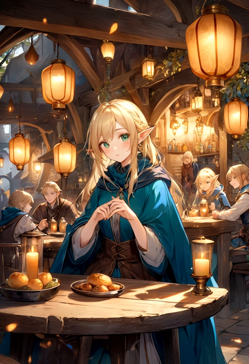 Create a digital illustration of a beautiful elf sitting in a medieval tavern。Elves are blonde、Has emerald eyes、Wearing a blue cloak。There are other customers in the background.、Draw a cozy and warm scene。Lighting should be soft and golden, such as from lanterns or candles.。The art style is detailed and resembles fantasy art.、Delicate and fine line drawing、Draw faces, hands, and toes with precision.。There is a sense of transparency overall.、Make it a fantastic atmosphere。Focus on a magical and inviting environment。