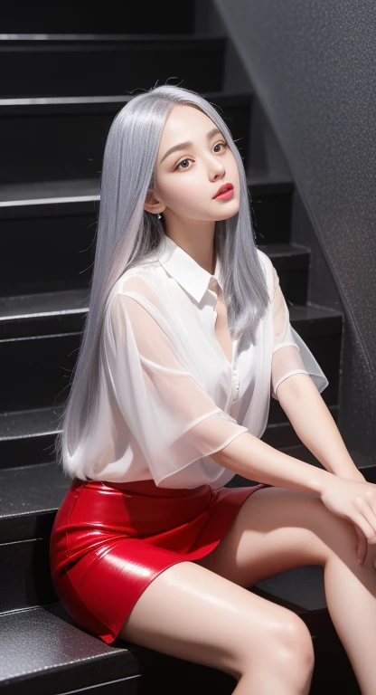 top quality work，Actual work，Ultra Premium Graphics，8K HD CG works，High quality graphics，High-definition CG works，10x pixels，Extremely fine detail：1.1，Advanced Technical Details：1.1 Photorealistic，(Girl sitting on the stairs)Natural light：1.5. Light effects（virtual Light effects：1.8），Wet Long Silver Hair，Silver Hair，Transparent Hair，Hair with attention to detail（premium hair detail：1.1）Clear Eyes，Beautiful double eyelids，Sharp eye makeup, Delicate eyelash makeup, Thin eyebrows, Highly detailed eyes，High nose, Nice red lips, Rose Cheeks, A face with delicate makeup , Cute face, perfectly balanced face,（Advanced Face Detail：1.1），Shiny，Wonderful dress，bright red series，(translucent wet white blouse)、leather mini skirt、girl 、photo shoot，woman&#39;artwork of，Full body portrait，realism，wonderful，My eyes are shining today、(8. She&#39;s Wet)),(Sudden rain、Wind),(The wind blows up my skirt),(I can see your panties)、