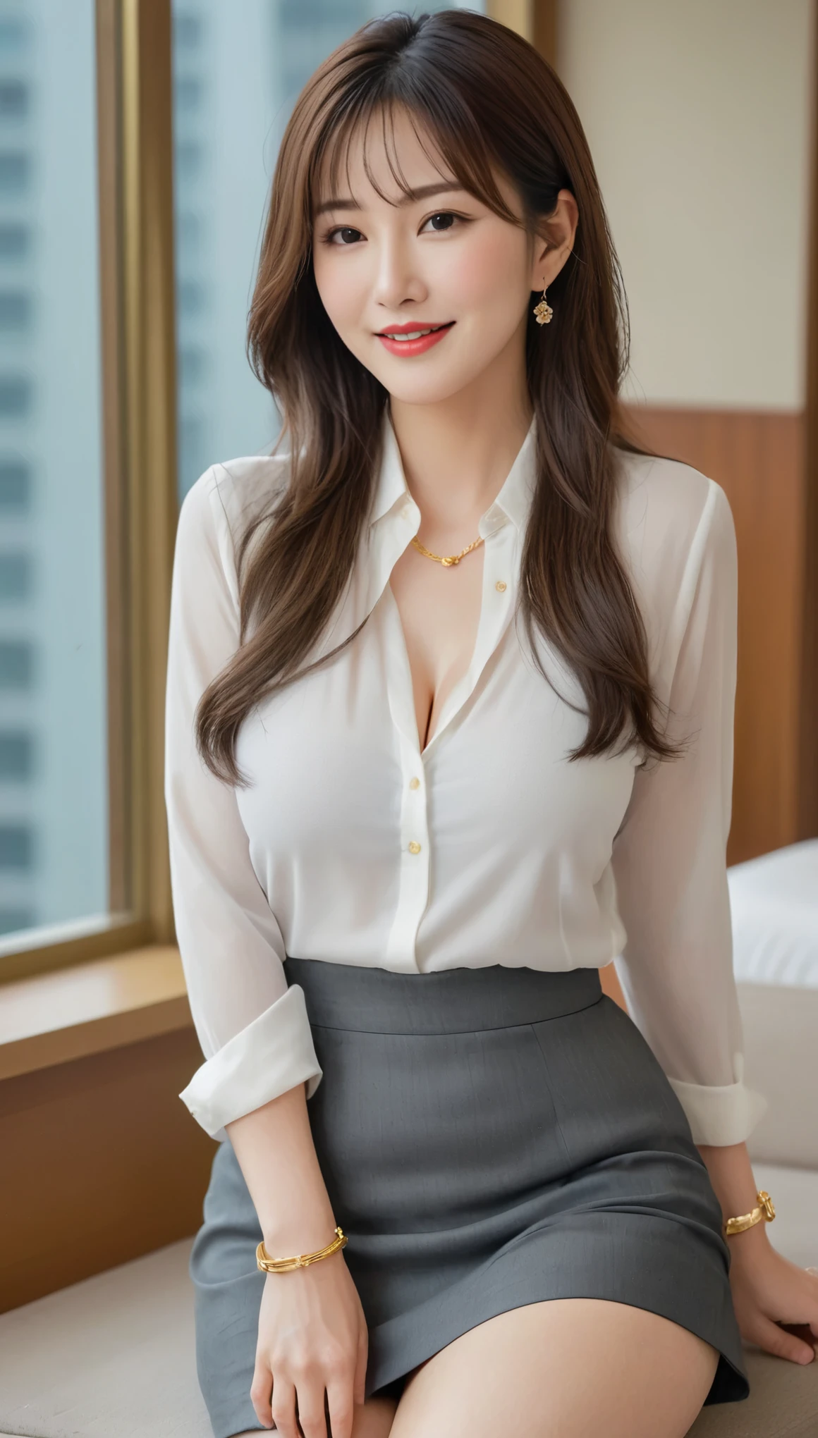 masterpiece,highest quality,wonderful,(セクシーなMature Woman:1),(Mature Woman:1.3), (50-year-old woman.1.3)、(((very, very大きい)))、(((Big big boobs)))、(((Big big cleavage)))、Hyper Real、In the lounge of a luxury hotel、A dignified smile、White skin、Delicate and precise skin texture、Long fluffy brown hair、Japanese women、(Big Ass)、Thick thighs、Bright red lips、Gold earrings、Gold bracelet、Gold Necklace、{Charcoal gray suit(White blouse)}、