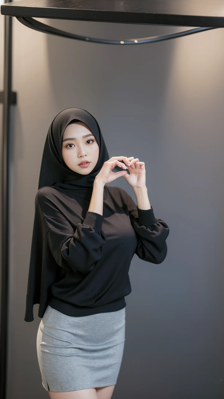 RAW, Best quality, high resolution, masterpiece: 1.3), beautiful Malay woman on hijab (iu:0.8),((big breast)), perfect nose,perfect lips, perfect eyes, detail :1.2),big breast,wearing black skirt and blue sweater, short skirt, short sexy skirt, wearing eloquent long clothes, casual clothing style, simple clothing, wearing eloquent short skirt, modern fashion clothing, casual modern clothing, wearing eloquent clothing, simple dress, graceful smooth body elegant, wearing elegant casual clothes, attractive clothes, wearing long flowing fabrics, modern casual clothes,( body close up)