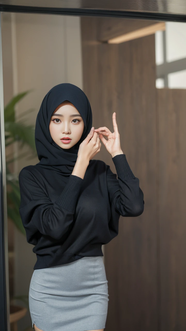 RAW, Best quality, high resolution, masterpiece: 1.3), beautiful Malay woman on hijab (iu:0.8),((big breast)), perfect nose,perfect lips, perfect eyes, detail :1.2),big breast,wearing black skirt and blue sweater, short skirt, short sexy skirt, wearing eloquent long clothes, casual clothing style, simple clothing, wearing eloquent short skirt, modern fashion clothing, casual modern clothing, wearing eloquent clothing, simple dress, graceful smooth body elegant, wearing elegant casual clothes, attractive clothes, wearing long flowing fabrics, modern casual clothes,( body close up)