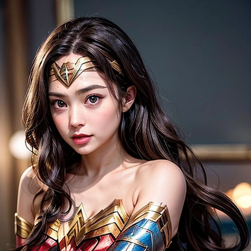 NSFW, 8k, High-level, absurd, masterpiece, best quality, primitive, very detailed CG, very detailed wallpaper, perfect lighting, Extremely detailed (((The personifying " Wonder Woman " as a ))), MysticSight, Tyndall effect, Tyndall scattering, Studio gray background with (many Dazzling RainbowColor particles BokeH:1.28), (RoundlyButts, ThighGap), (Exposed:0.4), (Assfocus with looking ahead), BREAK (NOGIZAKA face variations) Extremely Detailed very KAWAII face variations, perfect anatomy, Childish, captivating gaze, elaborate detailed Eyes with (sparkling highlights:1.28), long eyelashes、Glossy RED Lips with beautiful details, Coquettish tongue, Rosy cheeks, Radiant PearlSkin with clear transparency . { (Dynamic LifeLike expressions:1.4) | :d) }, (large eyes:-1) .
