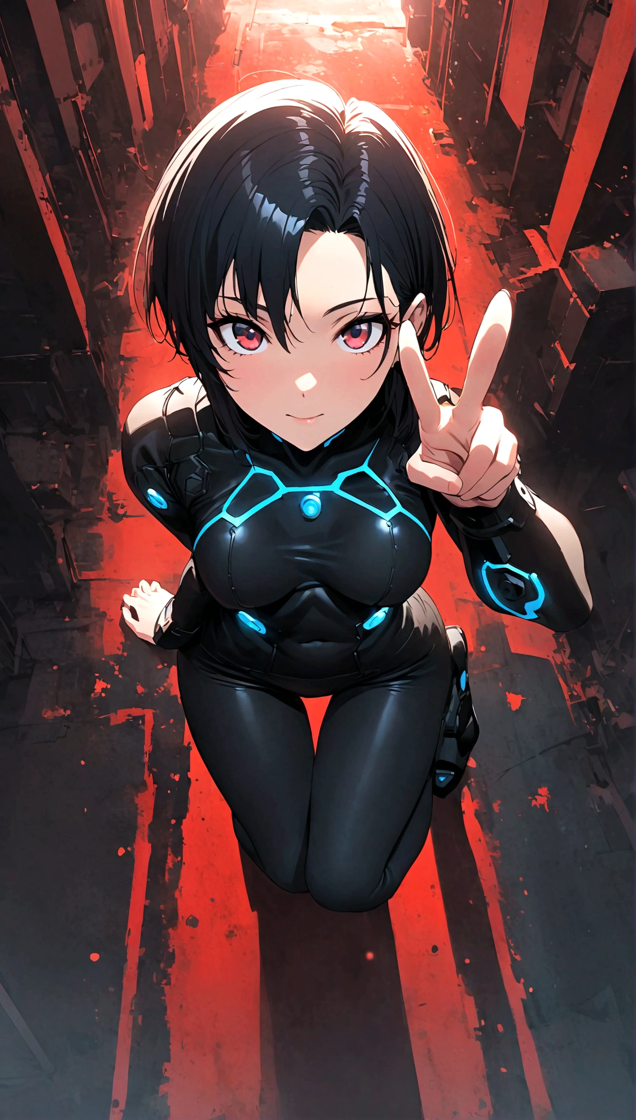 Japanese Manga《GANTZ》, Megumi Kishimoto, short hair, Kneeling, v, Medium breasts, Black Combat Tights, Thigh gap, Look at it from above