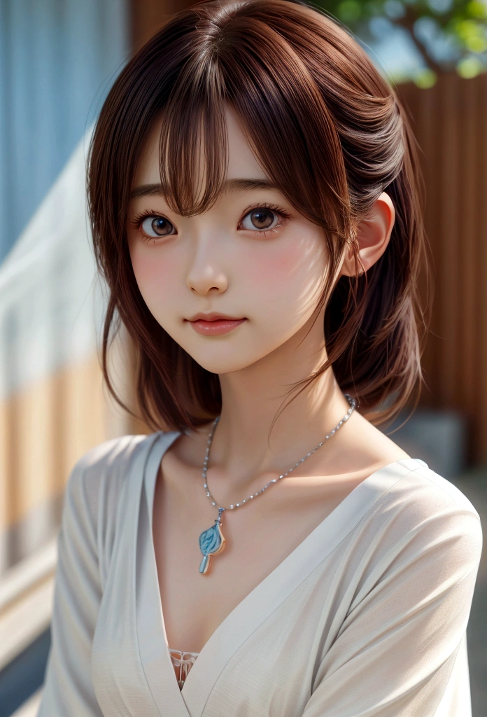 Final Fantasy (Yuna) Anime girl with brown hair and a white kimono wearing a necklace, Beautiful character drawings, Soft animation CG art, Realistic anime art style, Beautiful anime portraits, Beautiful Anime Woman, Photorealistic anime girl rendering, makoto shinkai and artgerm, Realistic 3D anime style, Anime realism style,  Anime style digital art, Beautiful Anime Girls