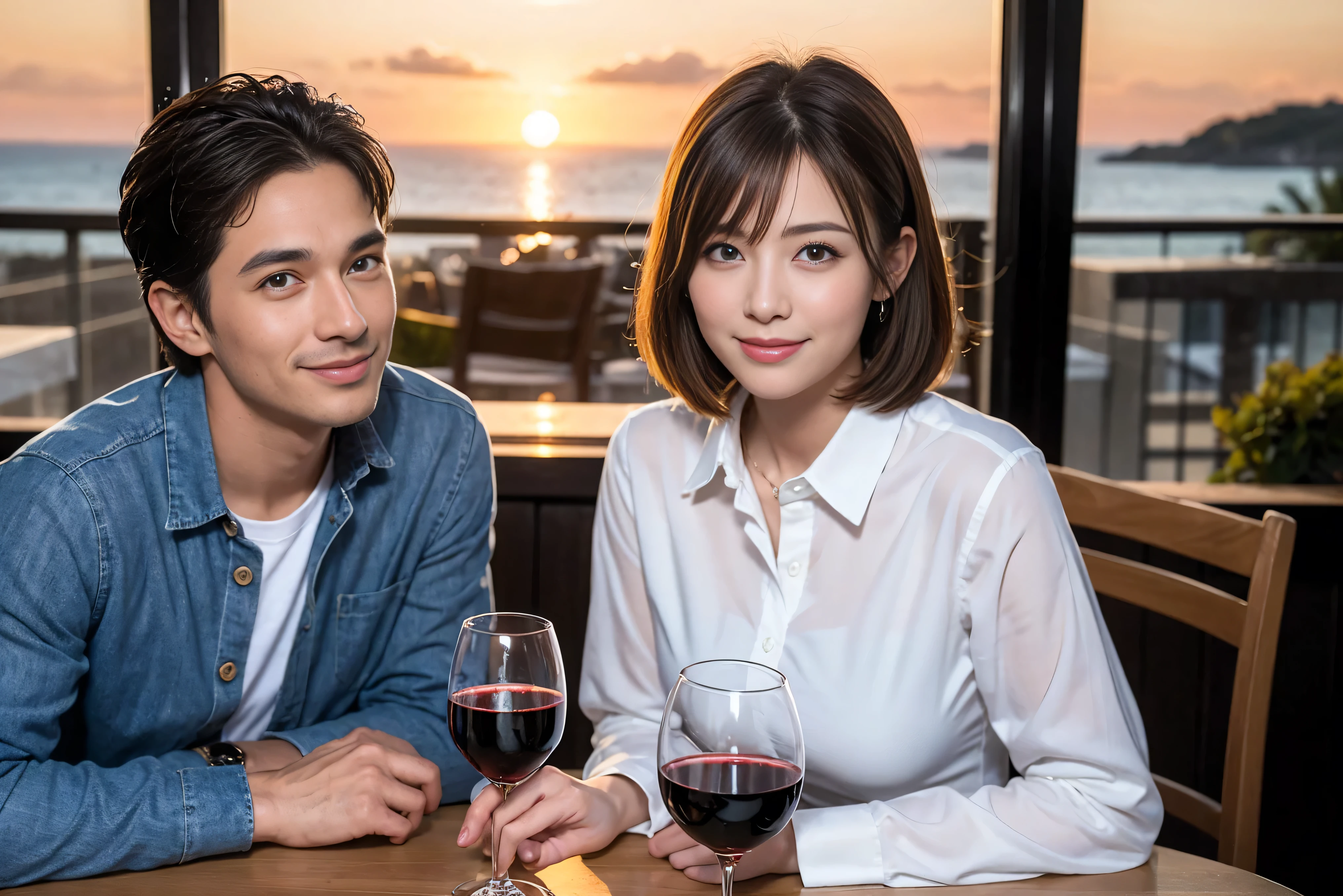 ((highest quality、8k、masterpiece:1.3))、 (Realistic, Real、Bright image、Intricate details:1.2), 1 male 1 female、Kimura Fumino-like beautiful couple、lover、couple、spouse、Beautiful couple、Happy smile、full-course dinner、 (Slim face), (Slim Body), (Brown Hair), (Short Hair), Wine glass on the table、Please put light on my face、 Amazing view of the sunset sky and clouds、 (Age 42), 39 years old, red wine 、Appetizers、Wine bottle、sparkling wine、Long sleeve shirt、dress、White wine, red wine, wine glass,
