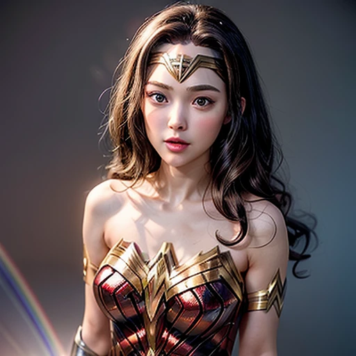 NSFW, 8k, High-level, absurd, masterpiece, best quality, primitive, very detailed CG, very detailed wallpaper, perfect lighting, Extremely detailed (((The personifying " Wonder Woman " as a Little Girl))), MysticSight, Tyndall effect, Tyndall scattering, Studio gray background with (many Dazzling RainbowColor particles BokeH:1.28), (RoundlyButts, ThighGap), (Exposed:0.4), (Assfocus with looking ahead), BREAK (NOGIZAKA face variations) Extremely Detailed very KAWAII face variations, perfect anatomy, Childish, captivating gaze, elaborate detailed Eyes with (sparkling highlights:1.28), long eyelashes、Glossy RED Lips with beautiful details, Coquettish tongue, Rosy cheeks, Radiant PearlSkin with clear transparency . { (Dynamic LifeLike expressions:1.4) | :d) }, (large eyes:-1) .