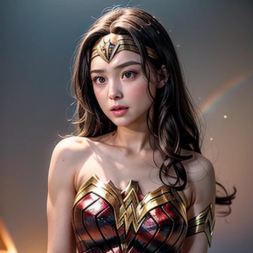NSFW, 8k, High-level, absurd, masterpiece, best quality, primitive, very detailed CG, very detailed wallpaper, perfect lighting, Extremely detailed (((The personifying " Wonder Woman " as a Little Girl))), MysticSight, Tyndall effect, Tyndall scattering, Studio gray background with (many Dazzling RainbowColor particles BokeH:1.28), (RoundlyButts, ThighGap), (Exposed:0.4), (Assfocus with looking ahead), BREAK (NOGIZAKA face variations) Extremely Detailed very KAWAII face variations, perfect anatomy, Childish, captivating gaze, elaborate detailed Eyes with (sparkling highlights:1.28), long eyelashes、Glossy RED Lips with beautiful details, Coquettish tongue, Rosy cheeks, Radiant PearlSkin with clear transparency . { (Dynamic LifeLike expressions:1.4) | :d) }, (large eyes:-1) .