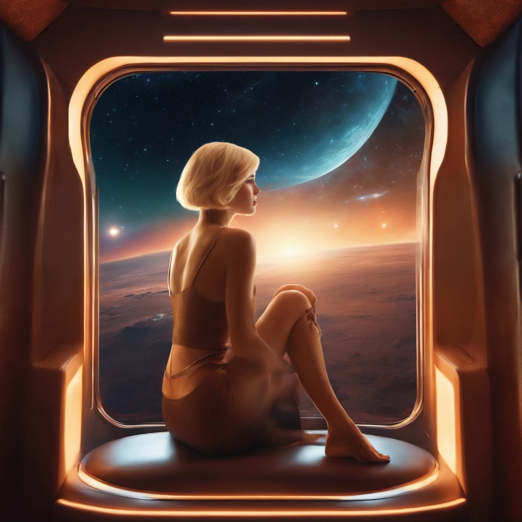 A blond young sexy woman with short hair and hot clothes sits on a seat in a spaceship and the window can show beautiful staras