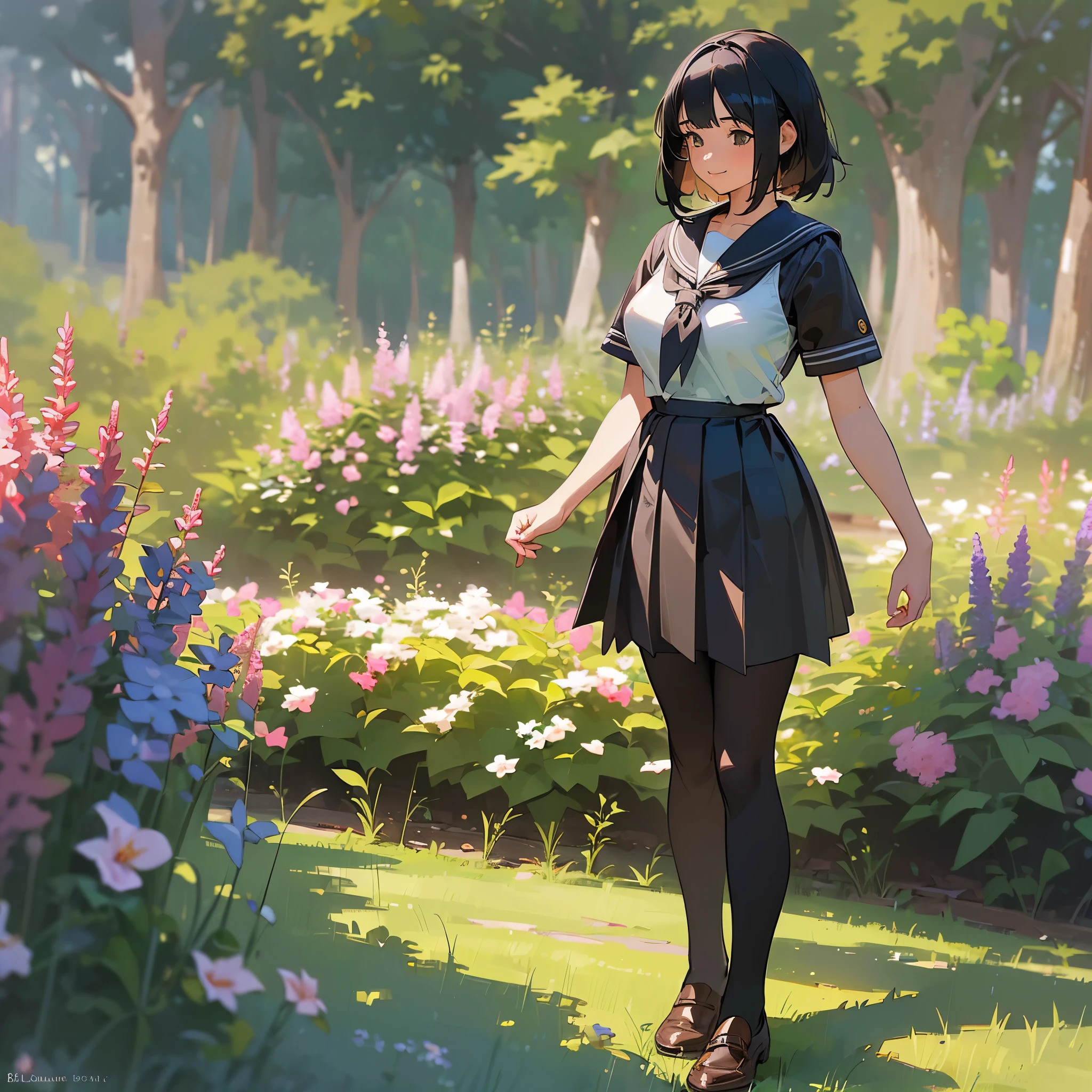 (highest quality, High resolution, Super detailed, Realistic:1.37), Peaceful atmosphere, (Outdoor, garden),  girl standing alone,(my breasts are big.),Beautifully detailed features, Cute Smile, ((Black bob hair)),Short-sleeved sailor uniform, Pleated skirt,Black tights,Brown leather shoes.