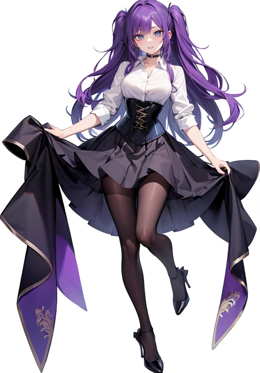 ((Perfect Face)),Purple Hair,long hair,Adult female,White shirt,((Shirt with rolled up sleeves)),(((Roll up your sleeves))),((corset)),skirt,(High heels),((Simple White Background)),((full body)),((Full Body)),