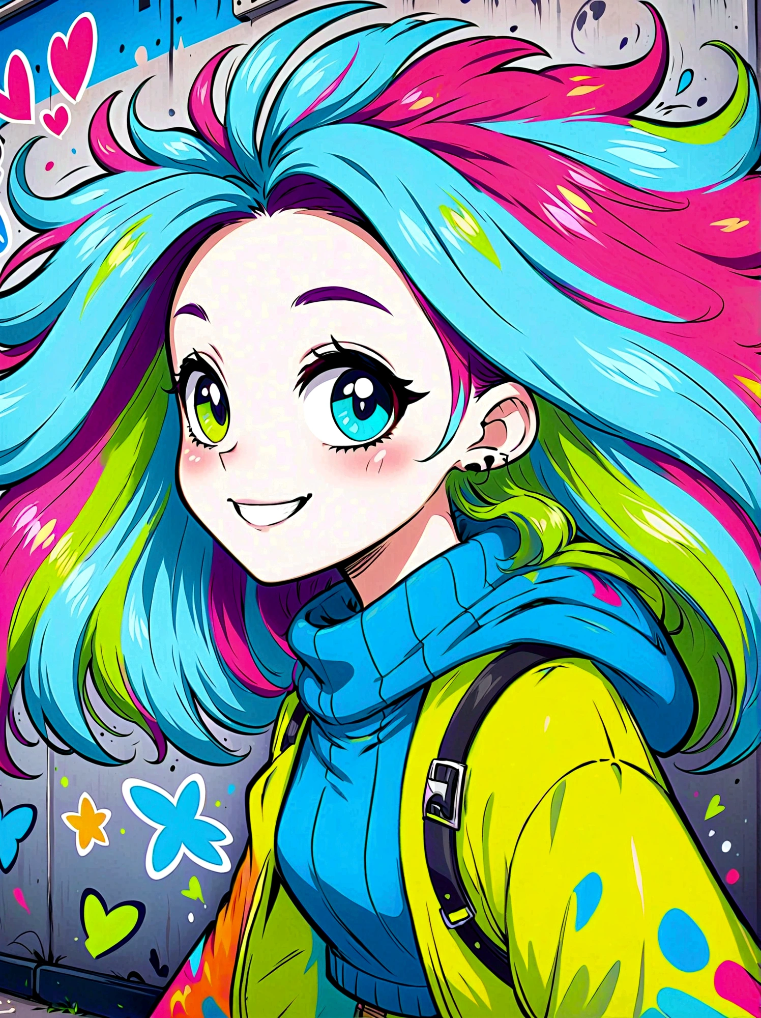 Graffiti style，Cartoon Characters，Vector illustration，side，Large and expressive eyes，Friendly Smile，Gorgeous clothes，Colorful hair，Unique and wild hairstyle，站在Graffiti style的背景前，Add whimsy to the scene