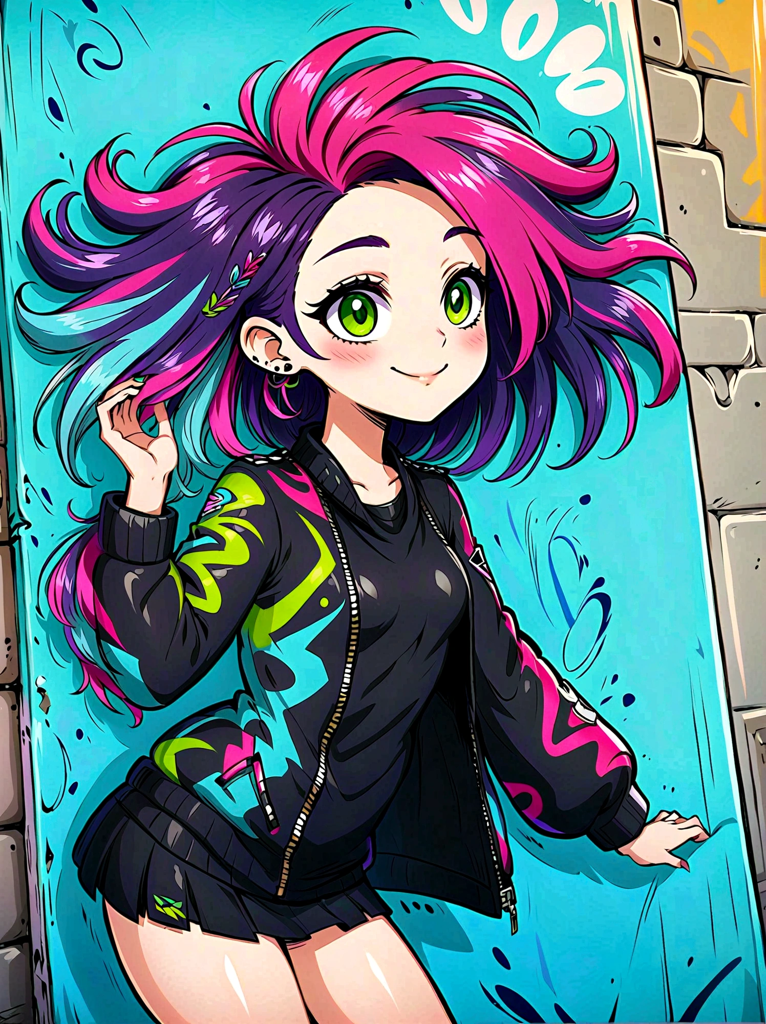 Graffiti style，Cartoon Characters，Vector illustration，side，Large and expressive eyes，Friendly Smile，Gorgeous clothes，Colorful hair，Unique and wild hairstyle，站在Graffiti style的背景前，Add whimsy to the scene