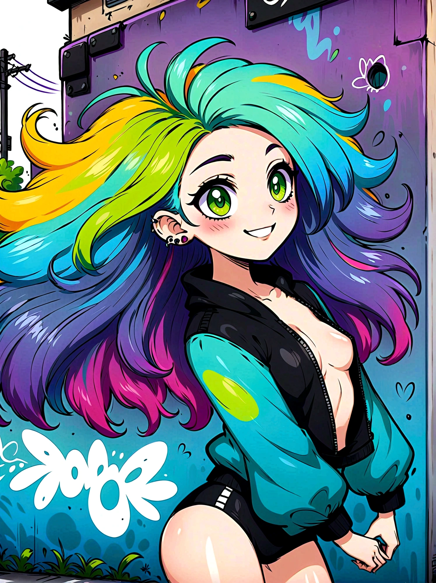 Graffiti style，Cartoon Characters，Vector illustration，side，Large and expressive eyes，Friendly Smile，Gorgeous clothes，Colorful hair，Unique and wild hairstyle，站在Graffiti style的背景前，Add whimsy to the scene