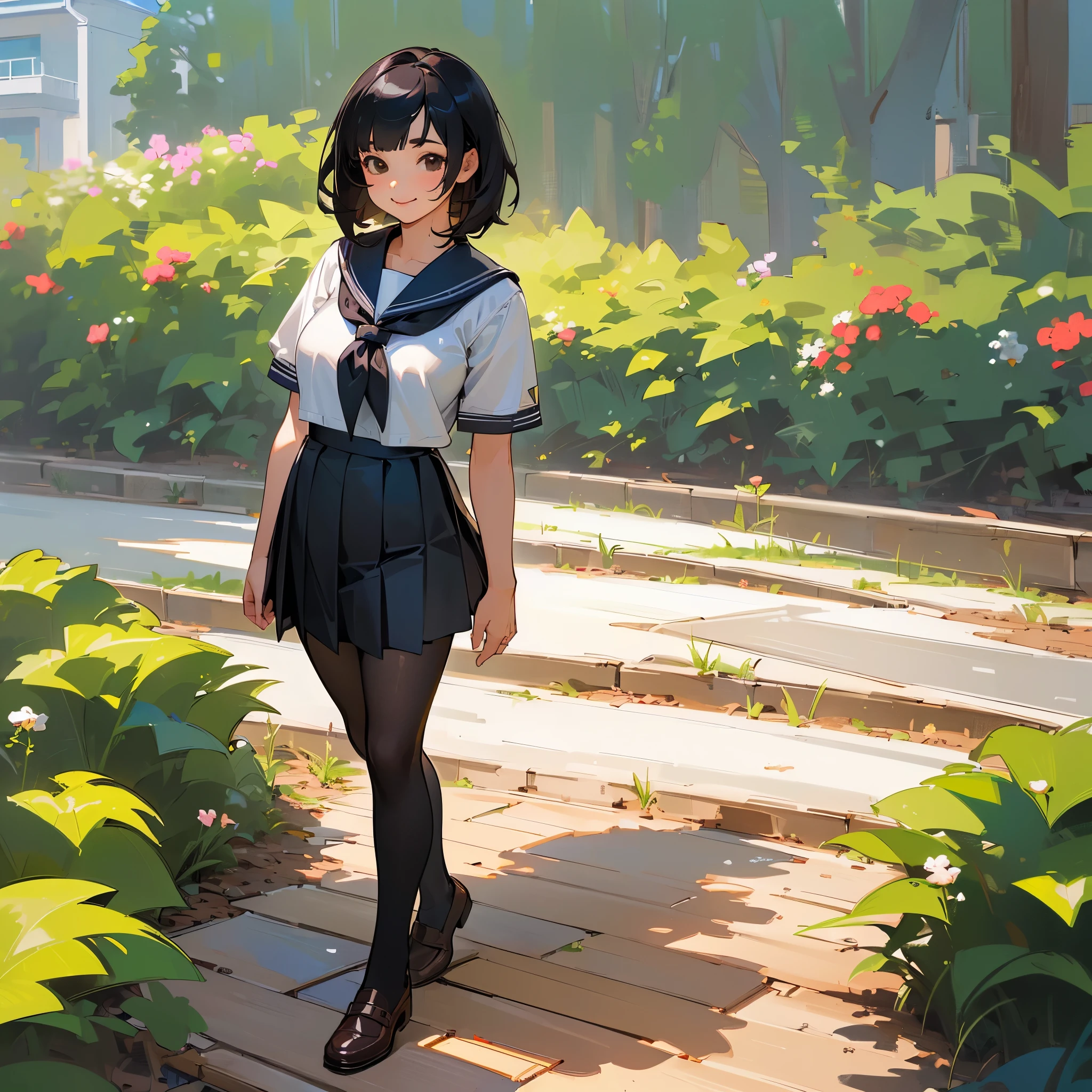 (highest quality, High resolution, Super detailed, Realistic:1.37), Peaceful atmosphere, (Outdoor, garden), age girl standing alone,(my breasts are big.),Beautifully detailed features, Cute Smile, ((Black bob hair)),Short-sleeved sailor uniform, Pleated skirt,Black tights,Brown leather shoes.