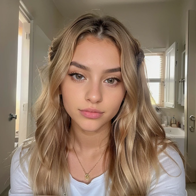italiana hermosa from 17 years old, brown blonde ,rostro angelical y tierna , long hair hairstyle Semi updo with braid and thick waves blonde with light roots , in the bathroom with clothes ,(( foto realista de noche), ((pechos normales )),((rostro angelical)),((foto entera de cuerpo con ropa ),((blonde hair with roots )), ((ropa de noche), cabello rubio ,Ojos castanhos escuros , cuerpo completo ,Realista, un  muy elegante, of celestial roots, rubia pelo, con ropa ,de noche,LUT de Instagram, from 17 years old.