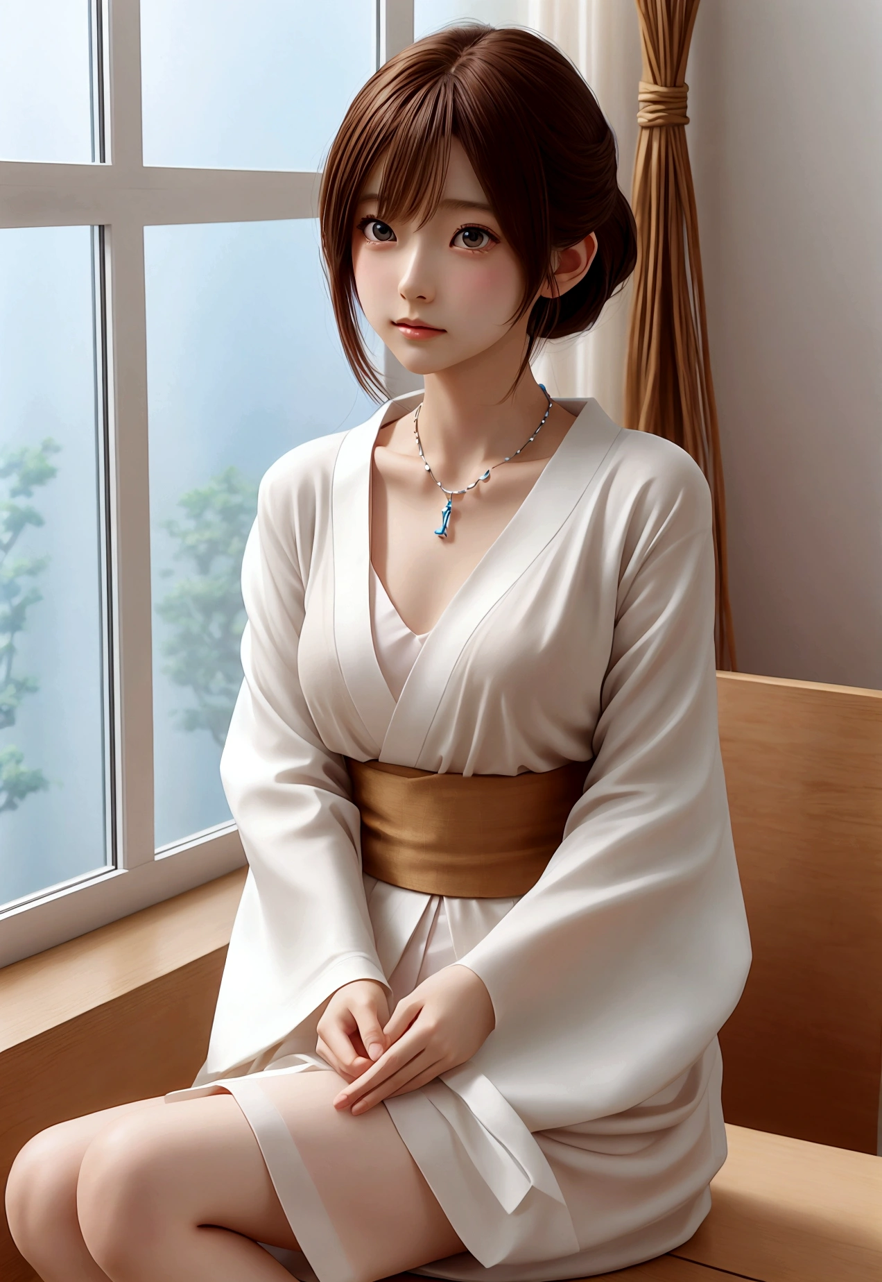 Final Fantasy (Yuna) Anime girl with brown hair and a white kimono wearing a necklace, Beautiful character drawings, Soft animation CG art, Realistic anime art style, Beautiful anime portraits, Beautiful Anime Woman, Photorealistic anime girl rendering, makoto shinkai and artgerm, Realistic 3D anime style, Anime realism style, Anime style digital art, Beautiful Anime Girls