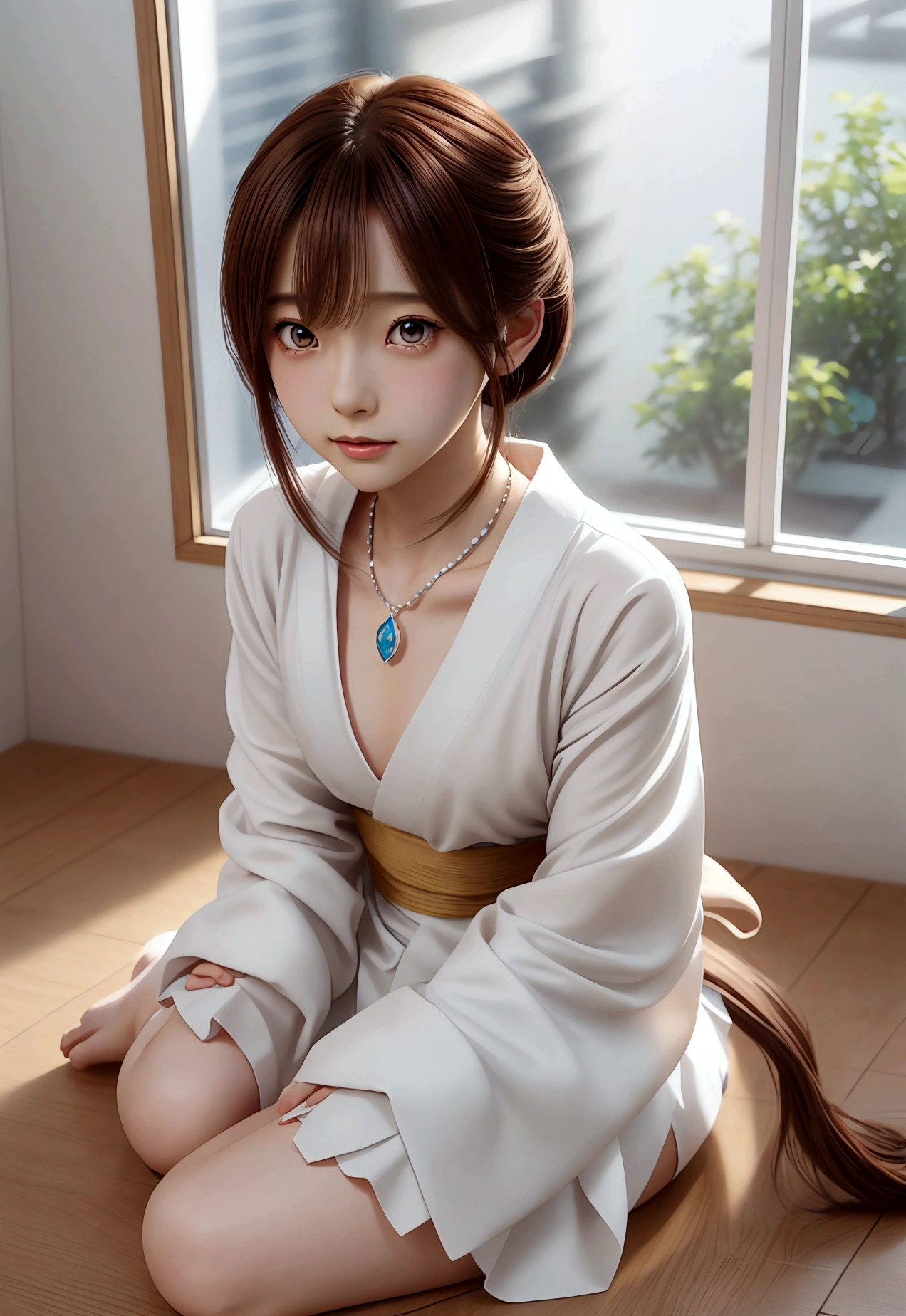 Final Fantasy (Yuna) Anime girl with brown hair and a white kimono wearing a necklace, Beautiful character drawings, Soft animation CG art, Realistic anime art style, Beautiful anime portraits, Beautiful Anime Woman, Photorealistic anime girl rendering, makoto shinkai and artgerm, Realistic 3D anime style, Anime realism style,  Anime style digital art, Beautiful Anime Girls