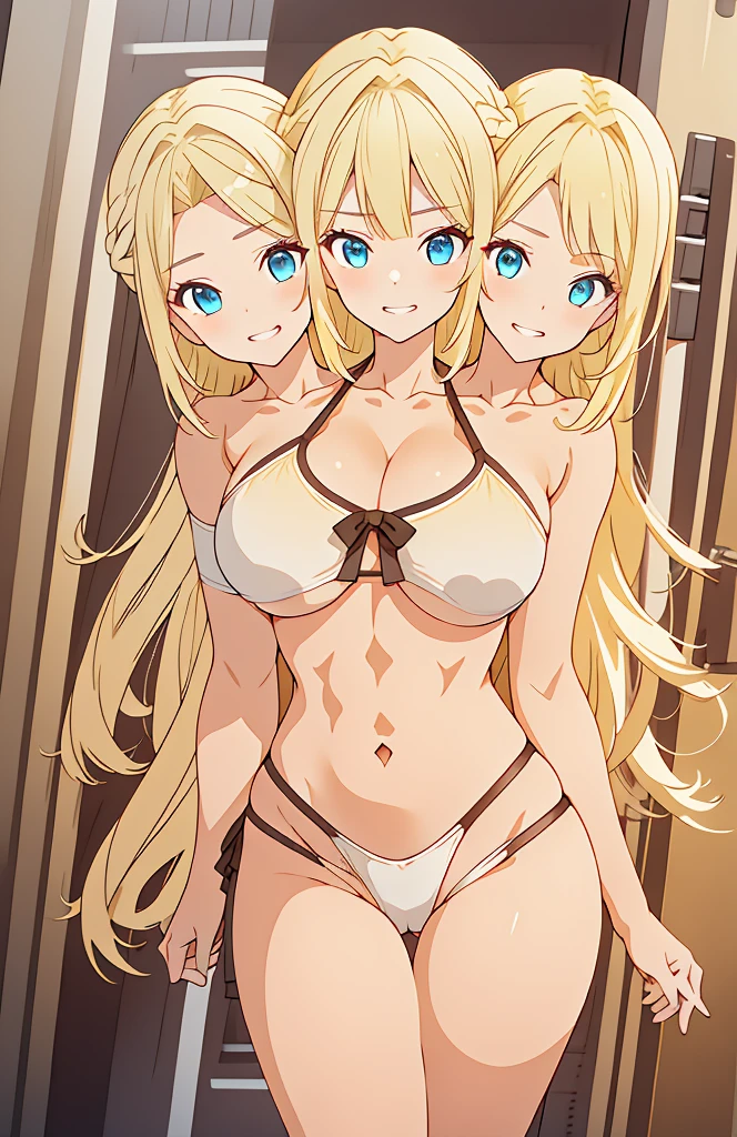 (masterpiece),(ultra-detailed), (high quality), (high resolution), (best quality:1.5, highres, UHD), highres, absurdo, ultra detail, ultra quality, Ultra resolution, 16k, 1girl, (2heads:1.5), girl with two heads, ((blonde hair:1.5)), seductive grin, casual dress, sexy proportions, (exposed midriff), thighs, Beautiful girl with accentuated slender abs, ((seductive posture)), ((white bikini)), ((different hairstyles)), different haircuts, (long hair), ice blue eyes, exposed midriff