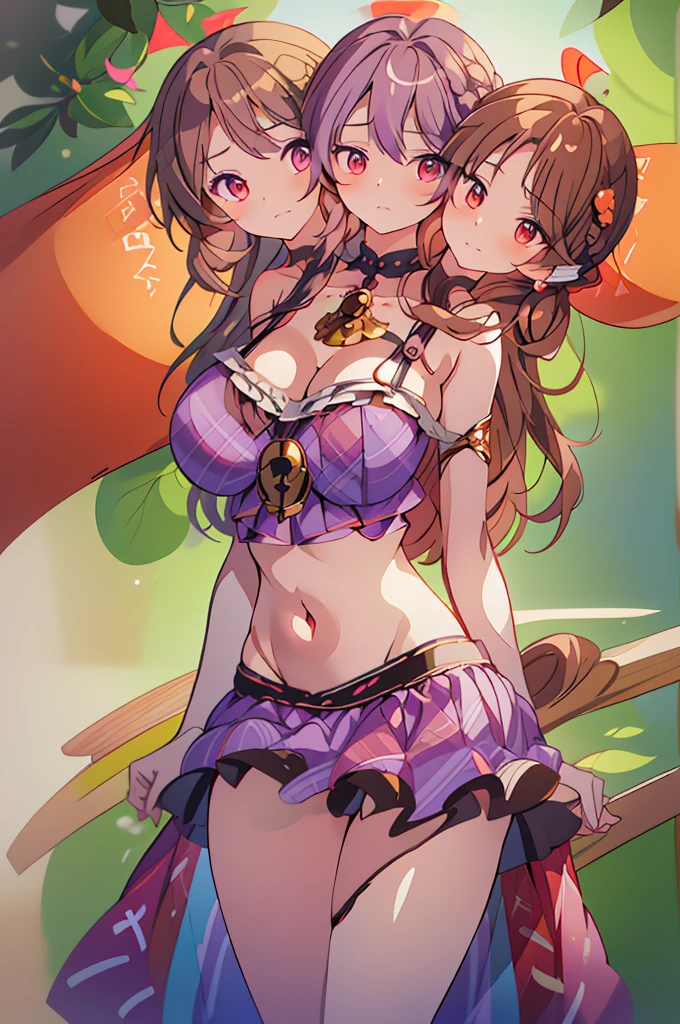 (masterpiece, best quality), best quality, (ultra-detailed), ((3heads:1.5)), 1girl, (sumireko usami:1.3), masterpiece, best quality, ultra quality, ultra resolution, ultra detail, purple plaid top, crop top, ((stomach)), midriff, ((groin)), purple plaid skirt, normal ears, shackles, brown hair, shoulder-length hair, pigtails, very long hair, wavy hair, sidelocks, brown eyes, detailed eyes, parted lips, sweat, cute, open belly, toned belly, hand on own chest, eyelashes, (24 year old woman:1.3), (masterpiece:1.5), (best quality:1.5), (beautiful detailed), extremely detailed CG, extremely delicate and beautiful, depth of field, (finely detailed face), (perfect details:1.2), (mature female:1.3), wide pelvis, slender, large veiny breast, 16k resolution, highres, very high quality, very high definition, extremely detailed, masterpiece, brown hair, long hair, alluring presence, braid, short skirt, close up, very big tits, huge tits, young, fedora, open belly, three headed girl,
