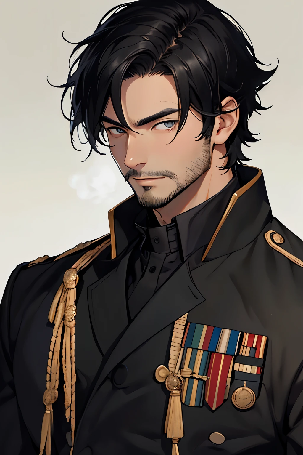 masterpiece、highest quality、1 male、Black Hair、Black military uniform、smart、Muscular、has light stubble、Beautiful Face、Calm Eyes、Meiji period、