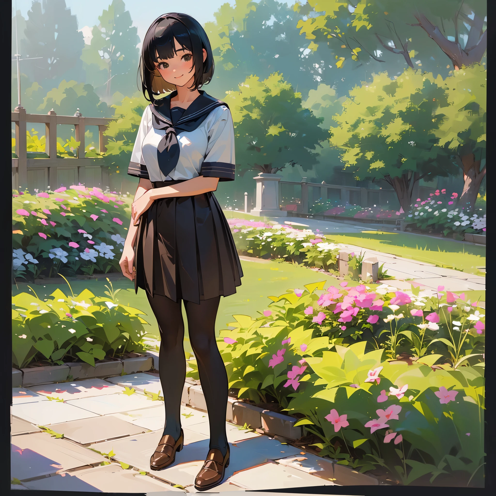 (highest quality, High resolution, Super detailed, Realistic:1.37), Peaceful atmosphere, (Outdoor, garden), Teenage girl standing alone,(my breasts are big.),Beautifully detailed features, Cute Smile, ((Black bob hair)),Short-sleeved sailor uniform, Pleated skirt,Black tights,Brown leather shoes.