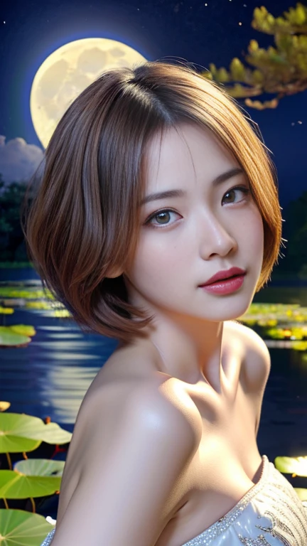 (A Ultra cute young Japanese celestial maiden:1.75), (She is Wearing the robe of a celestial maiden:1.5),(She stand on a lotus leaf on the lotus pond:1.5),(beautiful detailed eyes:2.0),beautiful detailed lips, (extremely detailed cute face:2.0), longeyelashes, (slender woman body:2.0), (beautiful short hair:2.0), (natural makeup:1.2),big smile, incredibly beautiful skin,(professional lighting, bright lighting, photorealistic, 8k, high resolution, best quality, masterpiece, ultra-detailed:1.75), vivid colors, (Moonlit Night:1.5),(The moonlight shines on her face:1.2)