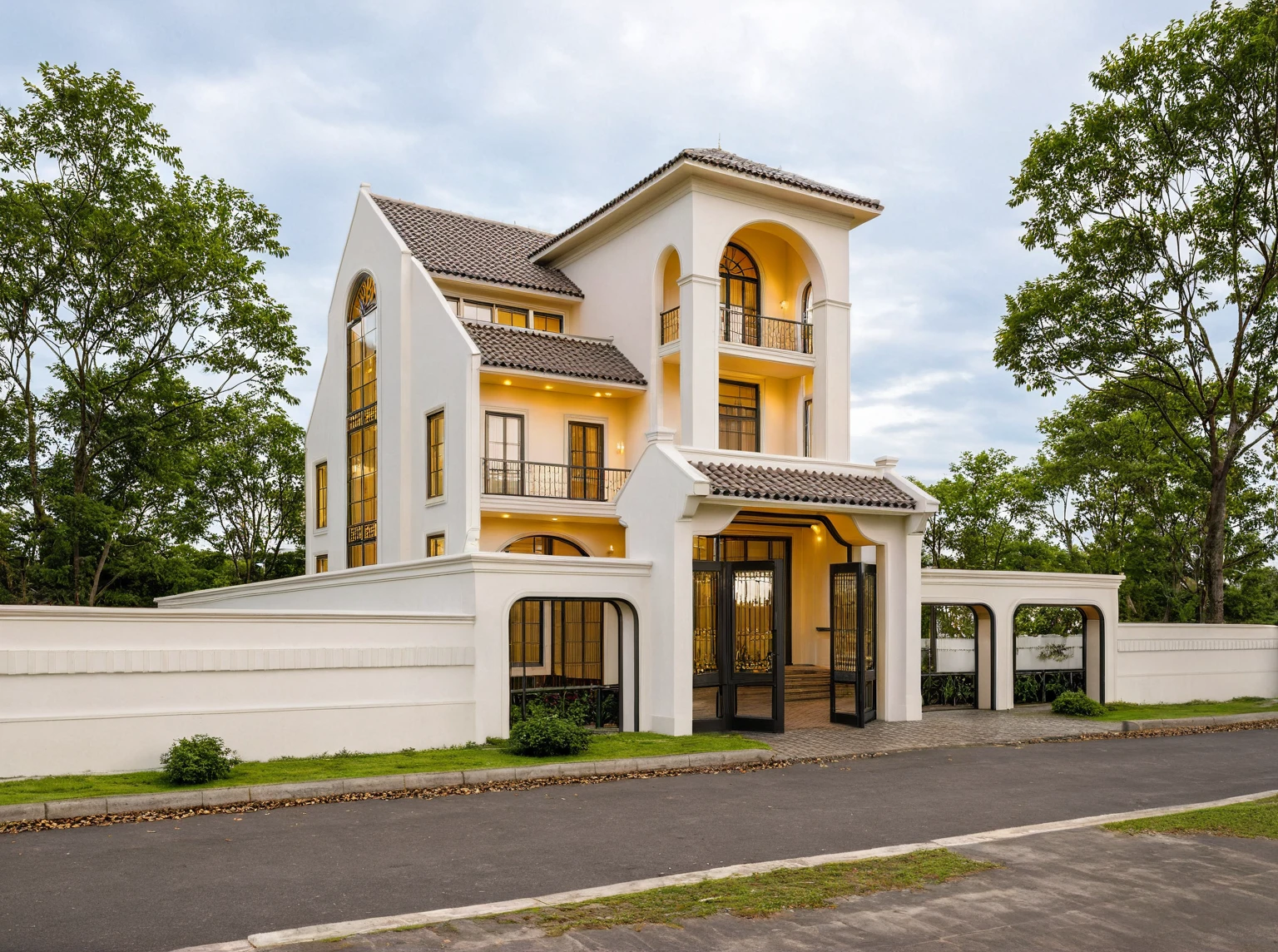 Raw photo,Masterpiece, high quality, best quality, authentic, super detail,
exterior, outdoors, house style indochine on the street ,aiaigroup
road,pavement, grass, trees, sky, cloud, (day:1.1)