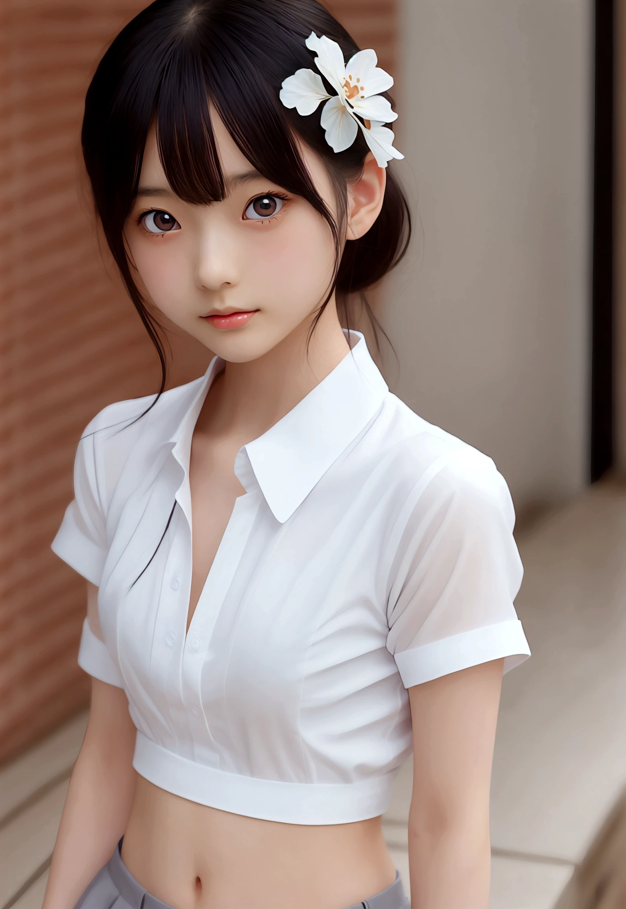  anime girl, Realistic Shadows, Detailed skin, Very small breasts, Black Hair, Very detailed, 8kのVery detailedな顔, perfect face shape, Perfect Lips, Perfect Nose, Correcting Beautiful Eyes, watching viewer, White shirt, Hair Flower, masterpiece, highest quality, Single woman,  alone