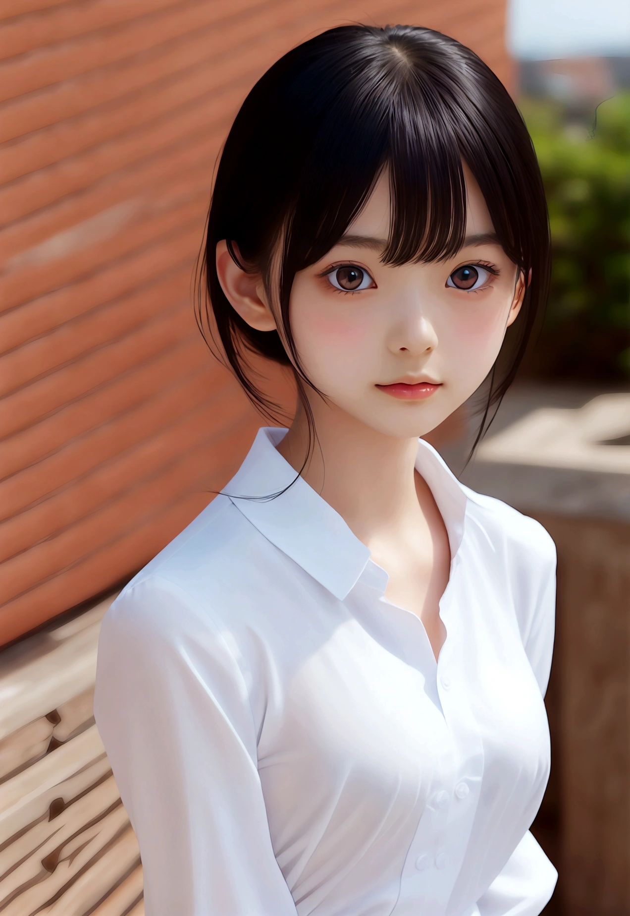 anime girl, Realistic Shadows, Detailed skin, Very small breasts, Black Hair, Very detailed, 8kのVery detailedな顔, perfect face shape, Perfect Lips, Perfect Nose, Correcting Beautiful Eyes, watching viewer, White shirt, Hair Flower, masterpiece, highest quality, Single woman, alone