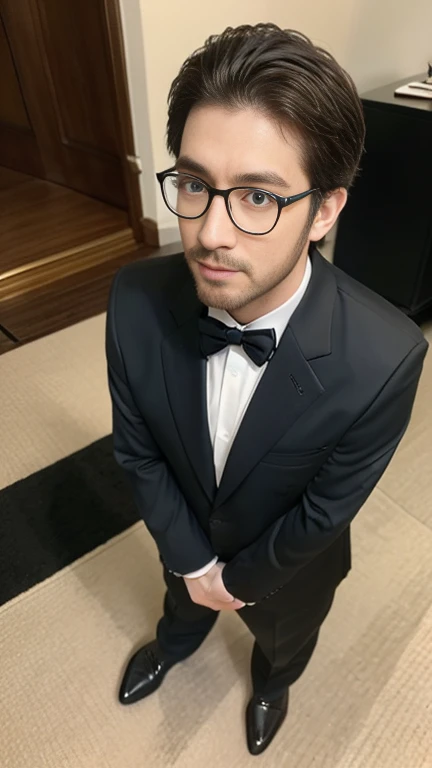 front view, Full body ,looking at viewer, English man, 22 year old , The head is middle hair, golden hair, Black-rimmed glasses, blue eye, Beard is stubble, Black formal wears, Black swallow tail suit, morning , Black bow tie、black shoes, arms hold White rose flower, standing, on floor, wedding Party, night, (masterpiece, highest quality, High resolution, Photo realistic, sharp, RAW Photos, perfection, Very detailed),