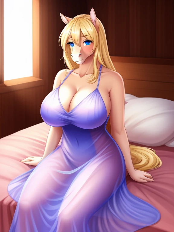 blonde hair, blue eyes, shy, large breasts, long dress, , transparent dress, horse , sexy pose, on bed, 