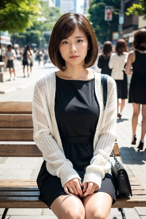 (RAW Photos:1.2), (Realistic:1.4),Beautiful detailed woman,Very fine grain and surface, fine grain, Very detailed,High resolution, Very detailed,highest quality,Unified,8k wallpaper,masterpiece,highest quality,1 female,alone,rich,Whole Body Ezbian,A little thick,alone,（White cardigan、 black knit long Dress,skirt,Handbags,heels）,(Sit on a bench),bob cut ,A kind smile,Realistic,In the middle of a crowded town